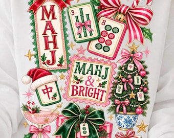Mahjong di Natale PNG, Mahj & Bright PNG, Maglietta natalizia con design Mahjong, Regalo per amanti del Mahjong, Natale rosa PNG, Serata di giochi natalizia