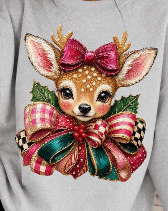 Christmas Deer PNG, Coquette Reindeer PNG, Pink Bow Christmas PNG, Vintage Holiday Deer, Boutique Christmas Sublimation Design