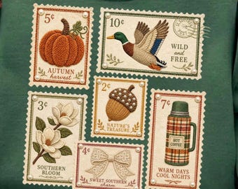 PNG de selo postal de outono, estampa vintage de camiseta com selo de outono, design retrô aconchegante de outono, moletom moderno e charmoso para o outono