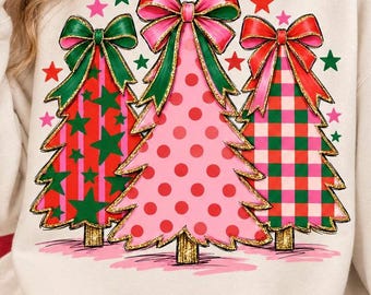 PNG de árbol de Navidad rosa, PNG de Navidad preppy, árboles de Navidad con lazo coqueto, sublimación navideña retro colorida, PNG de Navidad femenina
