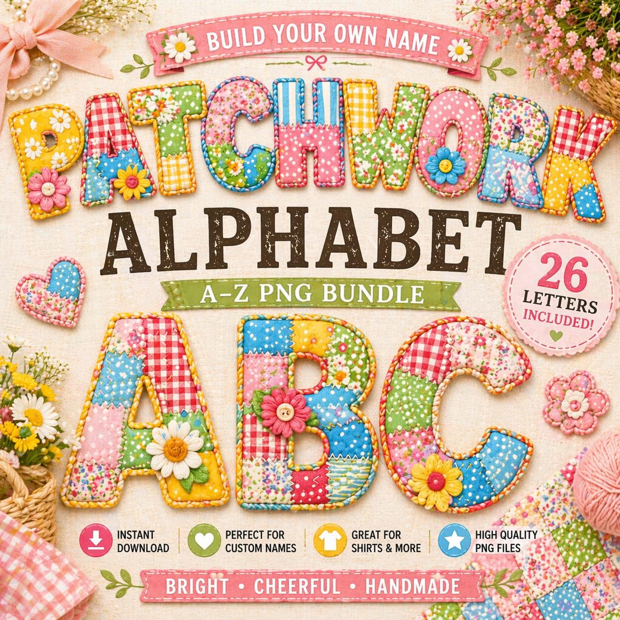 Patchwork Alphabet PNG Bundle, Colorful Quilt Letters A-Z, Build Your ...