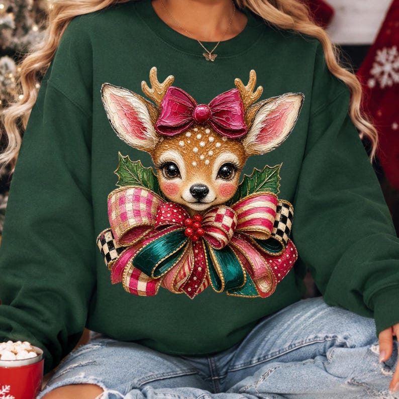 Cervo di Natale PNG, Renna civettuola PNG, Fiocco rosa di Natale PNG, Cervo natalizio vintage, Design di sublimazione natalizio da boutique immagine 3