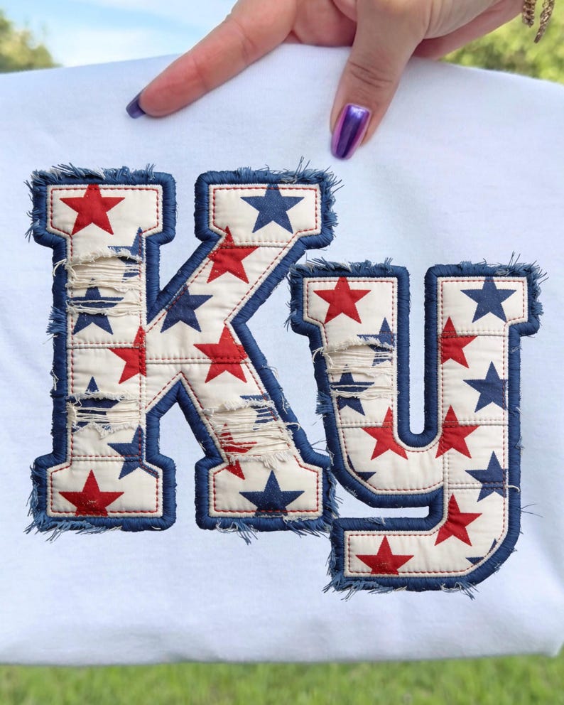 Kentucky Stars PNG, KY Patchwork Letters, Patriotic Kentucky Shirt Design, 4th of July Kentucky Graphic, Distressed Applique PNG image 1