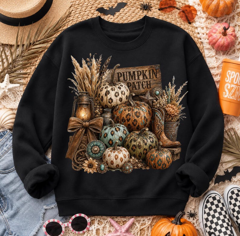 May include: Black sweatshirt featuring a fall-themed graphic. The design includes various pumpkins with leopard print patterns, a wooden sign that reads "Pumpkin Patch", and a lantern. The overall color palette includes shades of orange, brown, and teal.