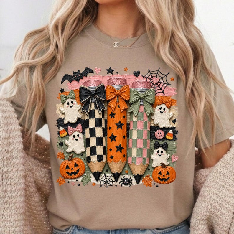 K&ouml;nnte beinhalten: Beiges T-Shirt mit einem Halloween-Motiv. Das Design zeigt drei Bleistifte mit Schleifen, Geistern, K&uuml;rbissen, Flederm&auml;usen und Spinnweben. Die Bleistifte sind schwarz-wei&szlig; kariert, orange mit Sternen und rosa und gr&uuml;n kariert.