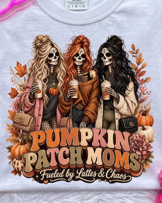 Pumpkin Patch Moms PNG | Trendy Skeleton Mom Fall PNG | Coquette Autumn Sweatshirt Design | Spooky Cute Latte Mom Sublimation