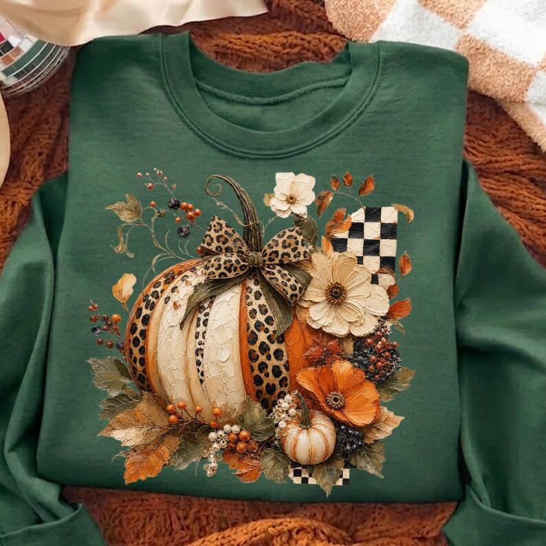 May include: A dark green crewneck sweatshirt featuring a central graphic of a pumpkin decorated with a leopard print bow. The design includes white and orange flowers, autumn leaves, berries, and a black and white checkered pattern element.