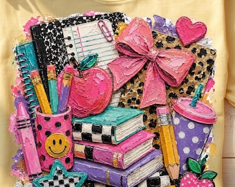 Preppy Back to School PNG - Bunte Impasto Schulbedarf Design Lehrer DTF Transfer