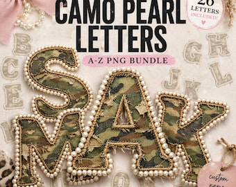 Camo Alphabet PNG Bundle, Distressed Letters A-Z & 1-0, Pearl Outline Font, Girly Camouflage Letters, Coquette Military Sublimation Set