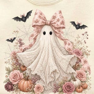 Fantasma Coquette PNG, Fantasma com Laço Rosa PNG, Fantasma Fofo de Halloween PNG, Fantasma Floral para Sublimação, PNG Feminino de Halloween, Coquette Assustadora imagem 3