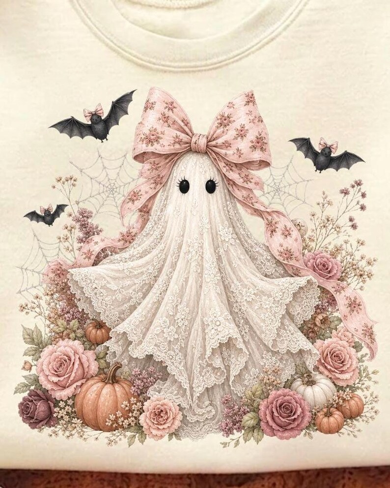 Fantasma Coquette PNG, Fantasma com Laço Rosa PNG, Fantasma Fofo de Halloween PNG, Fantasma Floral para Sublimação, PNG Feminino de Halloween, Coquette Assustadora imagem 3