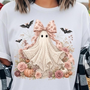 Fantasma Coquette PNG, Fantasma com Laço Rosa PNG, Fantasma Fofo de Halloween PNG, Fantasma Floral para Sublimação, PNG Feminino de Halloween, Coquette Assustadora imagem 1