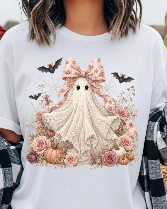 Coquette Ghost PNG, Pink Bow Ghost PNG, Cute Halloween Ghost PNG, Floral Ghost Sublimation, Girly Halloween png, Spooky Coquette