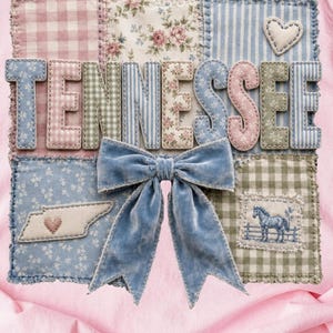 May include: A light pink t-shirt featuring a patchwork design with the word TENNESSEE in fabric letters. The design includes gingham, floral, and striped patterns, a blue velvet bow, a heart-shaped patch, and a horse illustration patch.