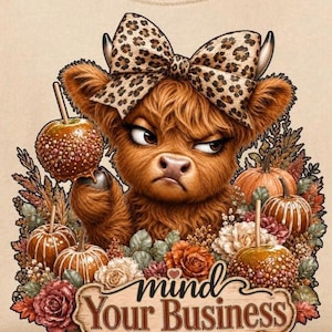 Puede incluir: Una camiseta beige con el gráfico de una vaca Highland marrón con un lazo de estampado de leopardo, sosteniendo una manzana de caramelo. El diseño incluye calabazas, flores y un letrero de madera con el texto "mind YOUR BUSINESS" en marrón.