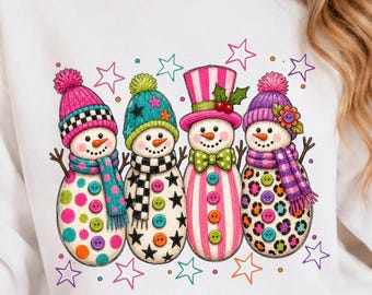 Schneemann-PNG, bunte, verspielte Weihnachtsschneemann-Cliparts, Retro-Weihnachts-PNG, Boutique-Weihnachtsshirt-Design, Winter-Sublimation