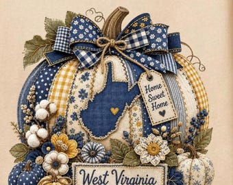 West Virginia Pumpkin PNG, Orange Gingham Fall Sublimation Design, WV Autumn Pumpkin Graphic, Cozy Southern Fall PNG Farmhouse Pumpkin