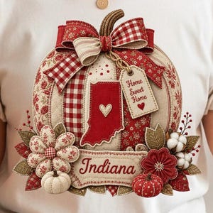 Indiana Pumpkin PNG, Red Gingham Fall Sublimation Design, Indiana Autumn Pumpkin Graphic, Cozy Southern Fall PNG Farmhouse Pumpkin