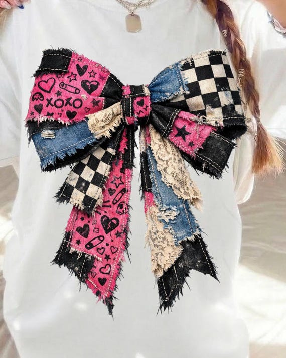 Grunge Coquette Bow PNG, 90s Patchwork Bow Design, Edgy Girly Aesthetic, Sublimation Transfer, Trendy Boutique Shirt Graphic Download