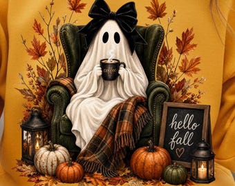 Fantasma acogedor de otoño PNG, Fantasma de café espeluznante y lindo, Diseño de otoño de Hello Fall, Coqueta de Halloween PNG, Imágenes prediseñadas de calabaza de otoño, Descarga de diseño de camiseta