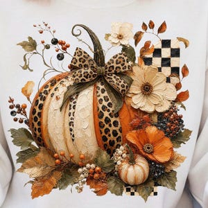 Leopard Pumpkin PNG | Coquette Fall Pumpkin Shirt Design | Trendy Autumn Floral Pumpkin Graphic | Checkered Pumpkin Bow PNG | Boutique Fall image 1