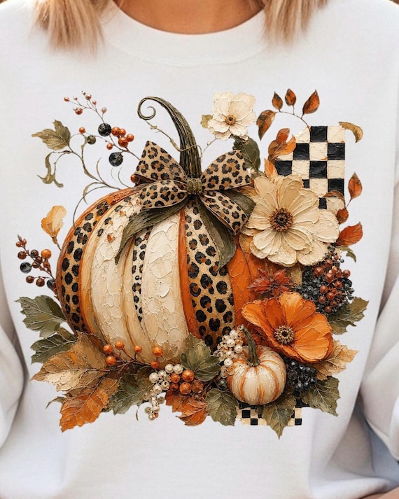 Leopard Pumpkin PNG | Coquette Fall Pumpkin Shirt Design | Trendy Autumn Floral Pumpkin Graphic | Checkered Pumpkin Bow PNG | Boutique Fall