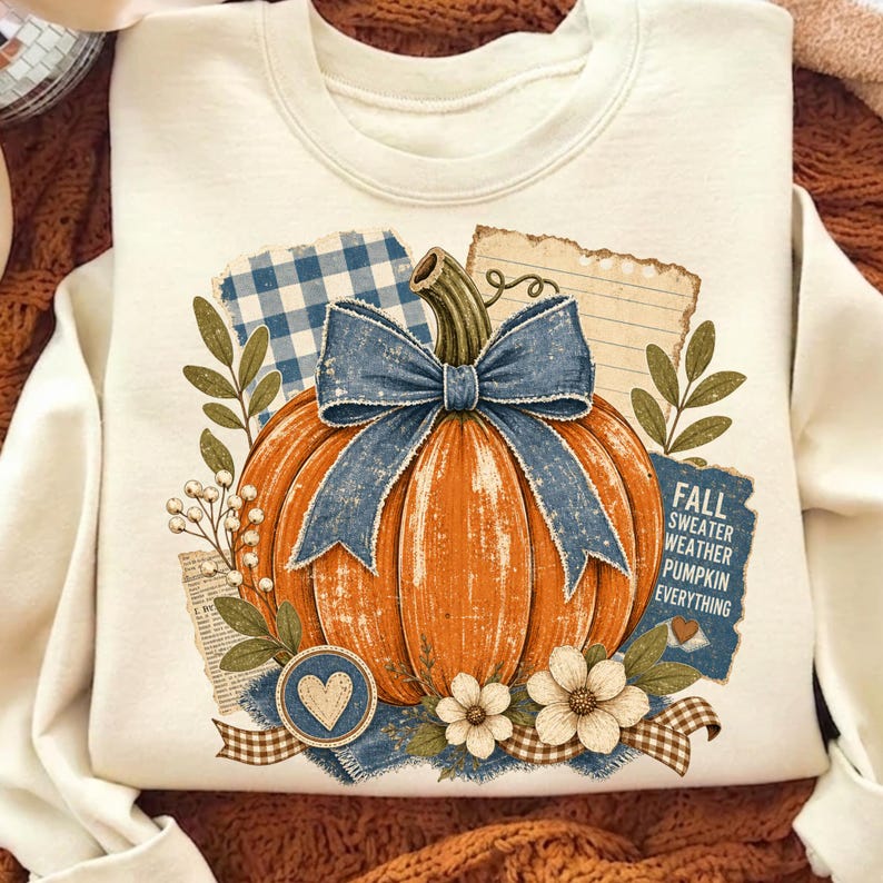 May include: Cream-colored sweatshirt featuring a large orange pumpkin with a blue bow, surrounded by floral and leaf accents. The design includes the text "Fall Sweater Weather Pumpkin Everything" on a blue tag. A heart-shaped emblem is also present.