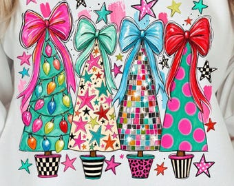 Wunderlicher Weihnachtsbaum PNG | Kokette Schleife Weihnachtsbäume | Disco Baum PNG | Retro Urlaub PNG | T-Shirt im trendigen Weihnachtsdesign