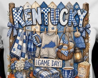 PNG de Kentucky Game Day, PNG de balón de fútbol americano a cuadros azules, diseño de camiseta del estado de Kentucky, descarga digital de fútbol americano de otoño, PNG de sublimación