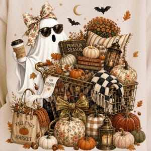 Ghost Shopping PNG, Fall Decor Lover Ghost, Pumpkin Spice Season Graphic, Cute Halloween Coquette PNG, Autumn Market Shirt Design