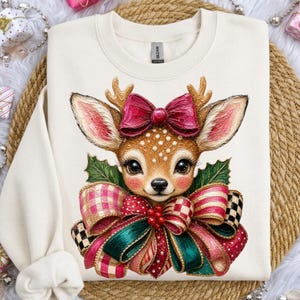 Cervo di Natale PNG, Renna civettuola PNG, Fiocco rosa di Natale PNG, Cervo natalizio vintage, Design di sublimazione natalizio da boutique immagine 7