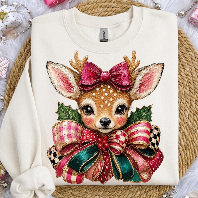 Cervo di Natale PNG, Renna civettuola PNG, Fiocco rosa di Natale PNG, Cervo natalizio vintage, Design di sublimazione natalizio da boutique immagine 7