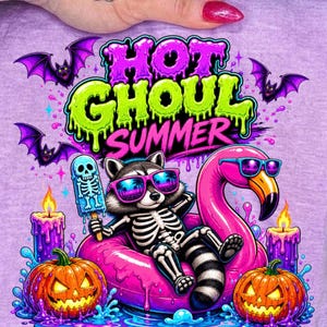 Hot Ghoul Summer PNG, Summerween Design, Spooky Cute Raccoon PNG, Neon Halloween Clipart, Funny Halloween PNG Download image 1