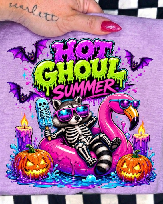 Hot Ghoul Summer PNG, Summerween Design, Spooky Cute Raccoon PNG, Neon Halloween Clipart, Funny Halloween PNG Download