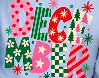 PNG de diciembre, PNG de Navidad retro, PNG de Navidad colorida, PNG de Navidad dibujada a mano, Sublimación navideña preppy, Diseño de camiseta navideña