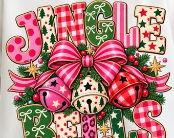 Jingle Bells PNG, Navidad rosa PNG, Lazo navideño preppy PNG, Sublimación navideña retro, Diseño de camiseta navideña Christmas Bells Coquette