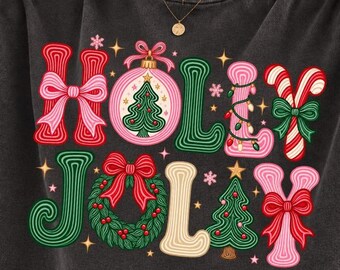 Holly Jolly PNG, Navidad retro PNG, Lazo navideño coqueto PNG, Navidad rosa PNG, Sublimación navideña colorida, Camiseta navideña PNG