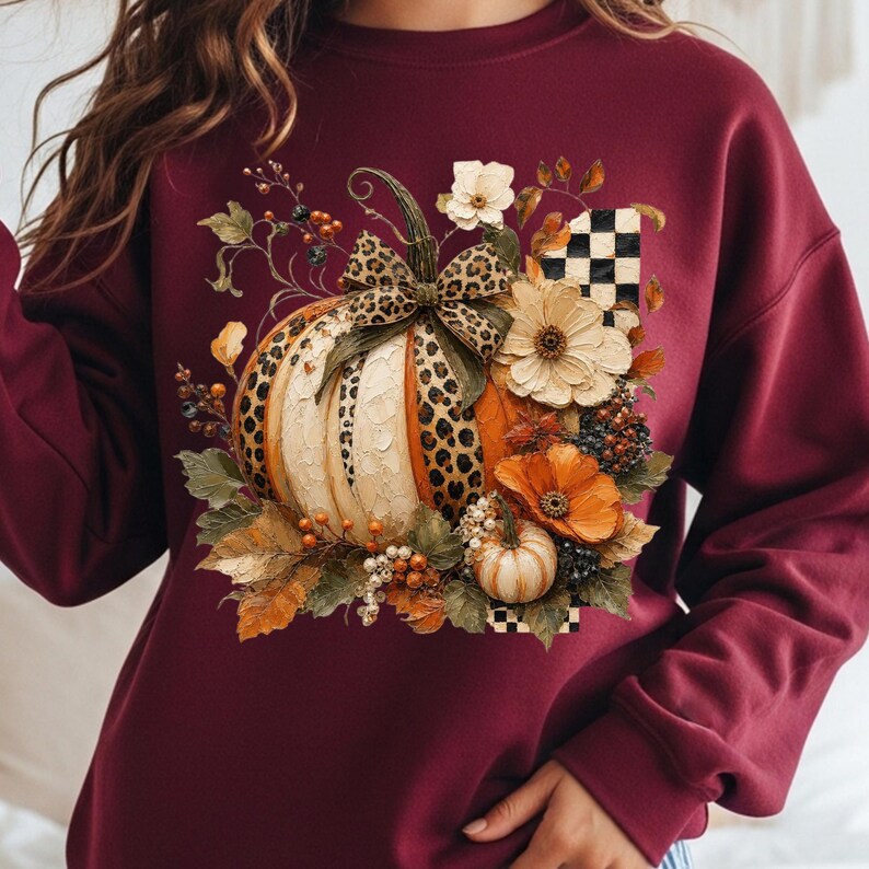 Leopard Pumpkin PNG | Coquette Fall Pumpkin Shirt Design | Trendy Autumn Floral Pumpkin Graphic | Checkered Pumpkin Bow PNG | Boutique Fall image 3