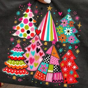Colorful Christmas Trees PNG, Boutique Holiday Gift Stack PNG, Hand Painted Christmas Trees, Retro Holiday PNG, Festive Shirt Design