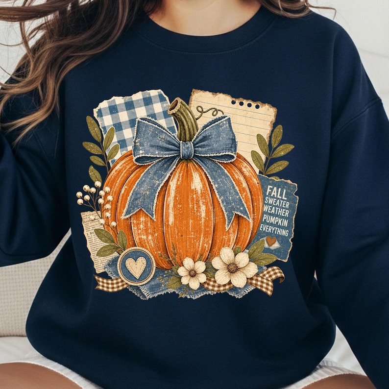 May include: Navy blue sweatshirt featuring a large orange pumpkin with a blue bow, surrounded by floral and plaid accents. The design includes the words "Fall, Sweater, Weather, Pumpkin, Everything."