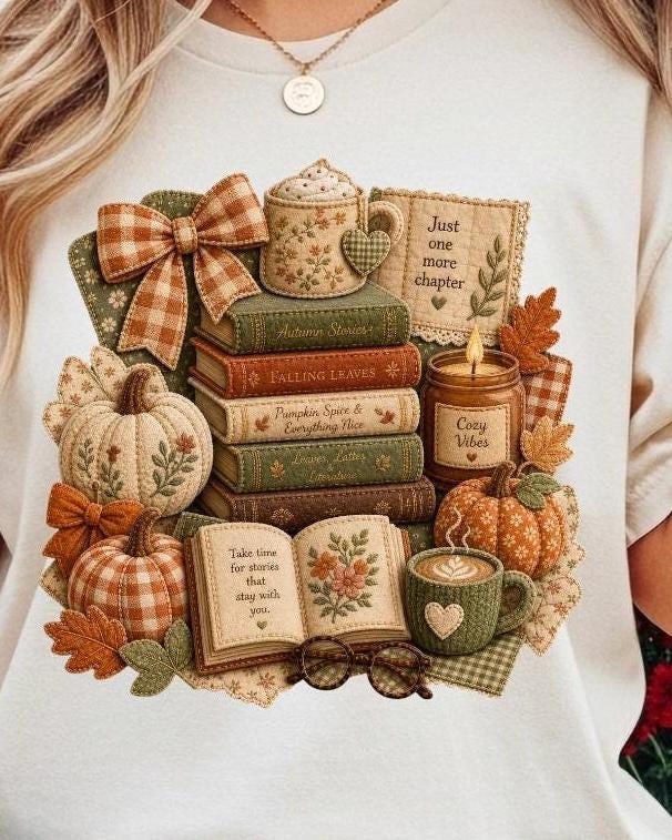 Immagine PNG autunnale accogliente, design per maglietta a tema zucca e spezie, immagine PNG "Just One More Chapter", grafica per la lettura autunnale, sublimazione estetica autunnale