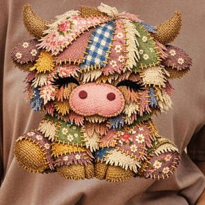 May include: A brown t-shirt featuring a patchwork cow design. The cow has a pink nose, brown horns, and is made of various fabric patches in floral, plaid, and solid colours. The patches are stitched together with visible thread.