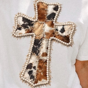 Cowhide Pearl Cross PNG, Faux Patchwork Cross Digital Download, Western Cross Sublimation PNG, Boho Faith DTF Transfer, Cowgirl Cross Shirt