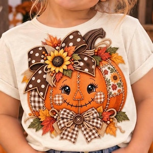 Puede incluir: Una camiseta de color crema con un gráfico de una calabaza naranja sonriente con detalles de costura. La calabaza está decorada con un gran lazo marrón de lunares, un girasol, hojas de otoño y un lazo de cuadros marrones y blancos con un botón.