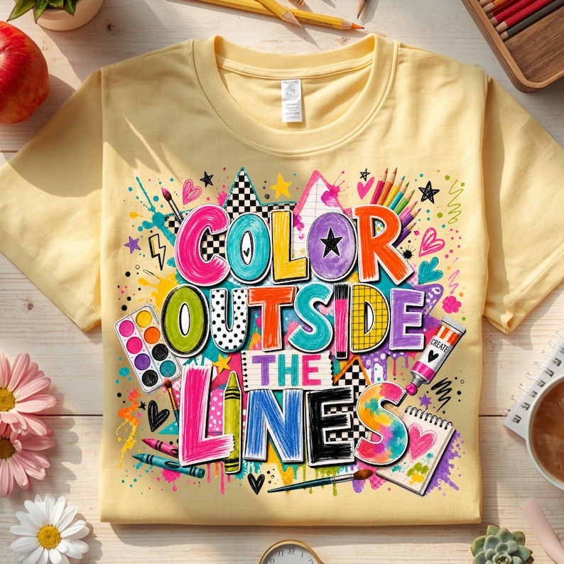 May include: A pale yellow short-sleeved t-shirt featuring a colorful graphic with the text "COLOR OUTSIDE THE LINES." The design includes illustrations of paint palettes, brushes, crayons, and a sketchbook surrounded by vibrant paint splatters.