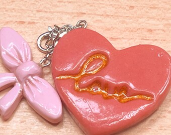 Pink Love Heart Desk Charm | Bow Accent | Stamped Script | Handmade Clay Bookmark Clip | Romantic Valentine Gift | Book Lover Accessories