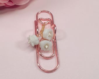 Snowbell Paperclip Bookmark | Handmade Polymer Clay | Rose Gold Desk Accessory | Cottagecore Gift | Floral Bookmark