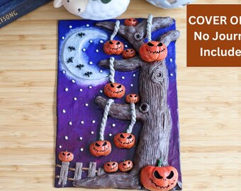 Halloween Notebook Gift Set | Handmade Polymer Clay Cover | Gothic Desk Decor | Spooky Pumpkin Tree | Dark Academia Gift