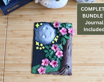 Cherry Blossom Notebook Gift Set | Handmade Polymer Clay Cover | Moonlit Sakura Desk Decor | Spring Gift | Cottagecore