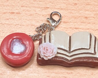 Book Lover Desk Charm | Open Book with Rose & Heart | Handmade Clay Bookmark Clip | Cottagecore Gift for Reader | Bookish Accessories
